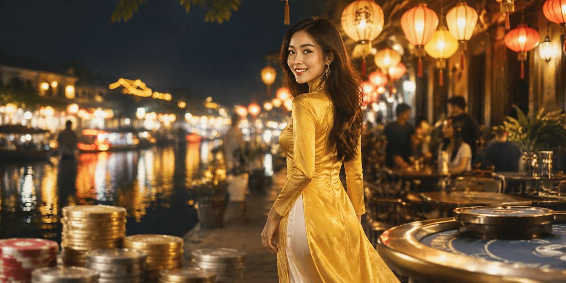 Người mặc áo dài đặt cược thể thao trực tuyến tại Hội An